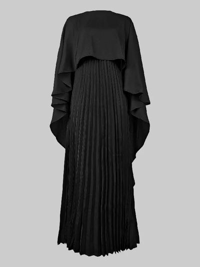 High-Low Cape Maxi Dress with Pleats & Round Neck