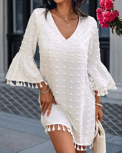 Large Swiss Dot V-Neck Bell Sleeve Mini Dress