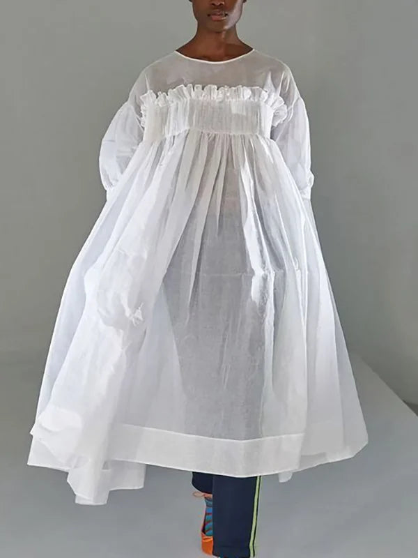 A-Line Mesh Pleated Midi Dress with Sheer Details