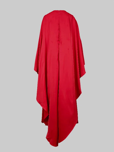 High-Low Cape Maxi Dress with Pleats & Round Neck