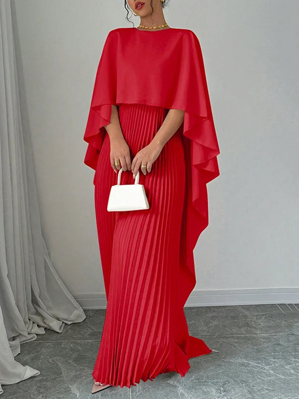 High-Low Cape Maxi Dress with Pleats & Round Neck