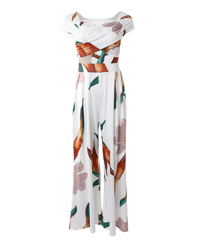 Women's Tropical Print Off-Shoulder Wide-Leg Jumpsuit
