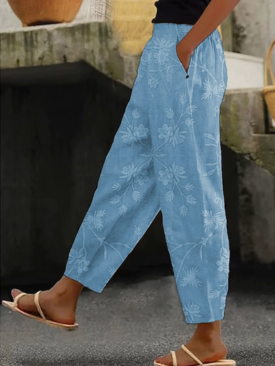 Women's Floral Print Casual Trousers with Pockets