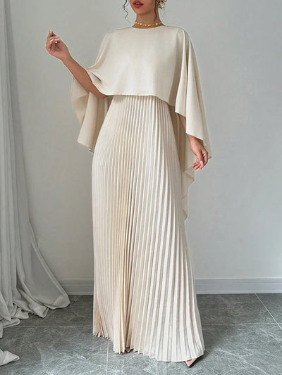 High-Low Cape Maxi Dress with Pleats & Round Neck