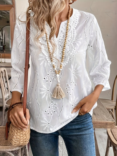 White Floral Embroidered Blouse with Split Detail