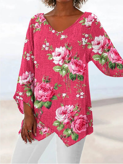 Women's Rose Floral Cotton-Linen V-Neck Top