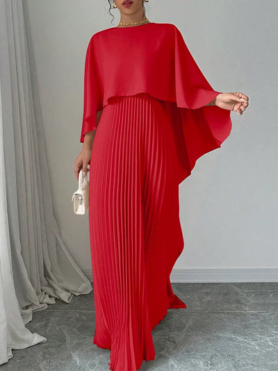 High-Low Cape Maxi Dress with Pleats & Round Neck