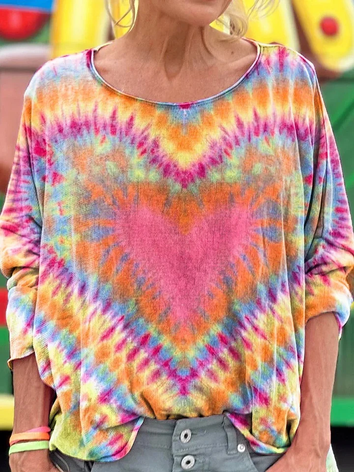Retro Colourful Love Hearts Tie Dye Casual Sweatshirt for Women