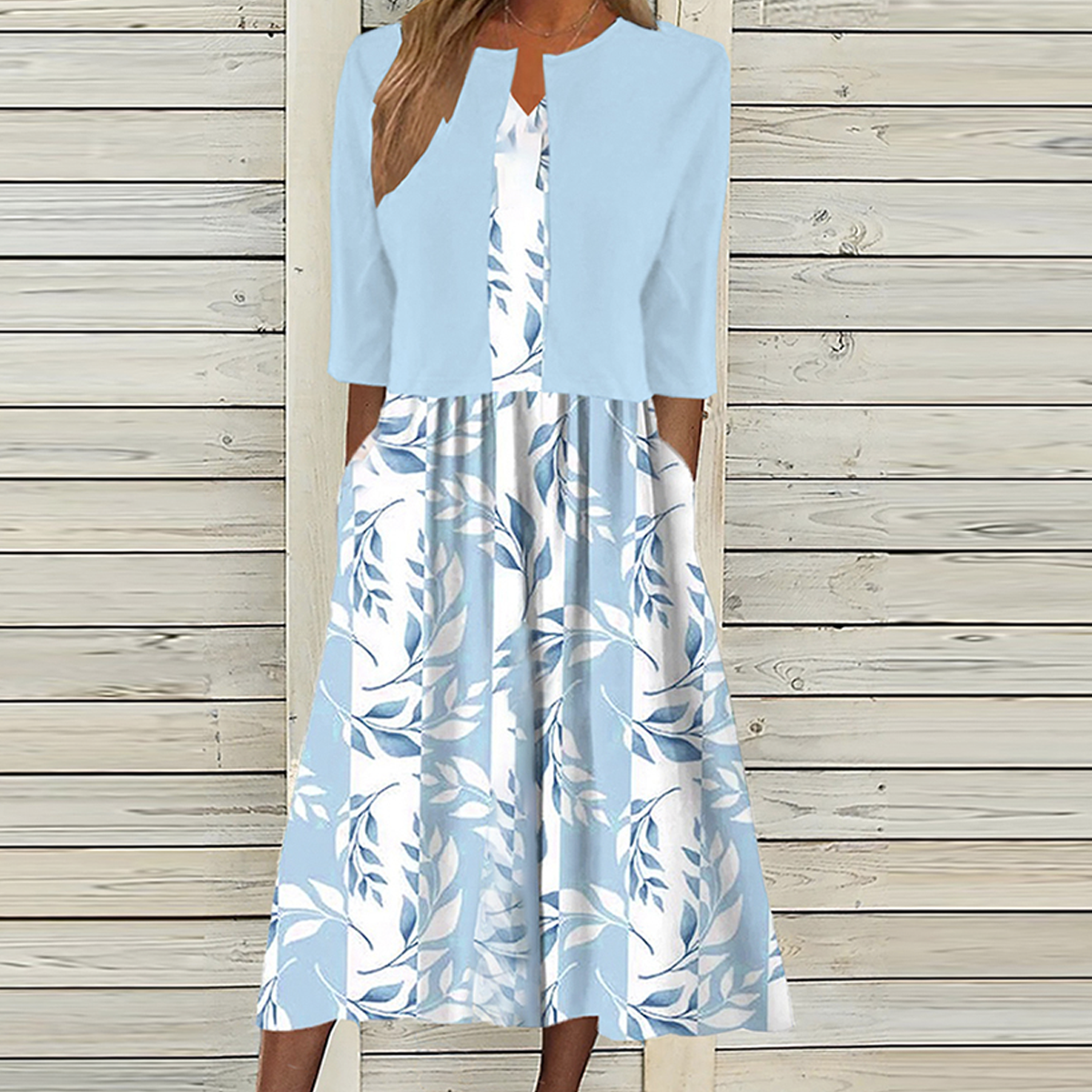 Blue Plant Print Midi Dress with Matching Jacket