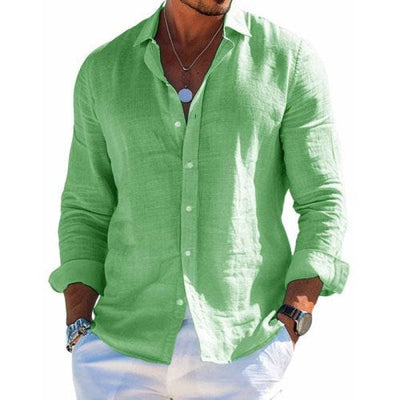 Men's Cotton and Linen Casual Solid Colour Lapel Shirt