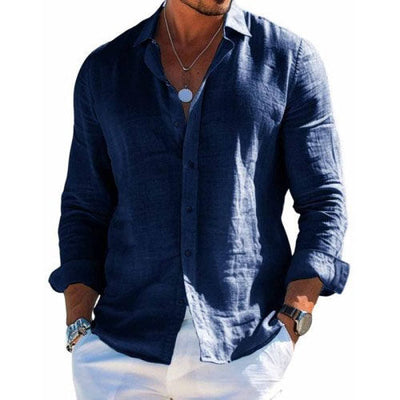 Men's Cotton and Linen Casual Solid Colour Lapel Shirt