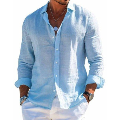 Men's Cotton and Linen Casual Solid Colour Lapel Shirt