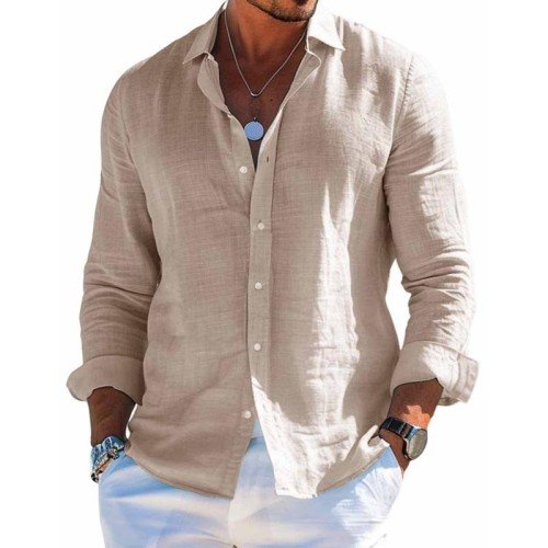 Men's Cotton and Linen Casual Solid Colour Lapel Shirt