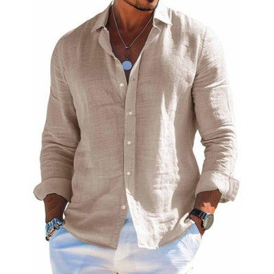 Men's Cotton and Linen Casual Solid Colour Lapel Shirt