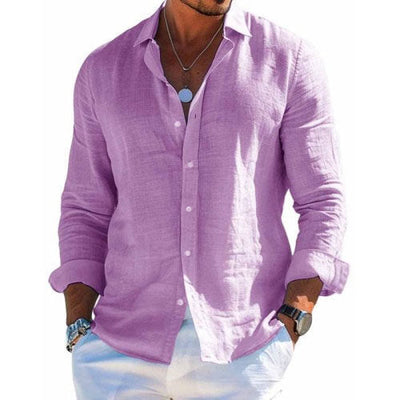 Men's Cotton and Linen Casual Solid Colour Lapel Shirt