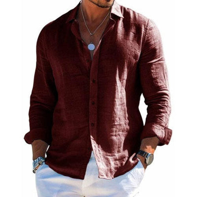 Men's Cotton and Linen Casual Solid Colour Lapel Shirt