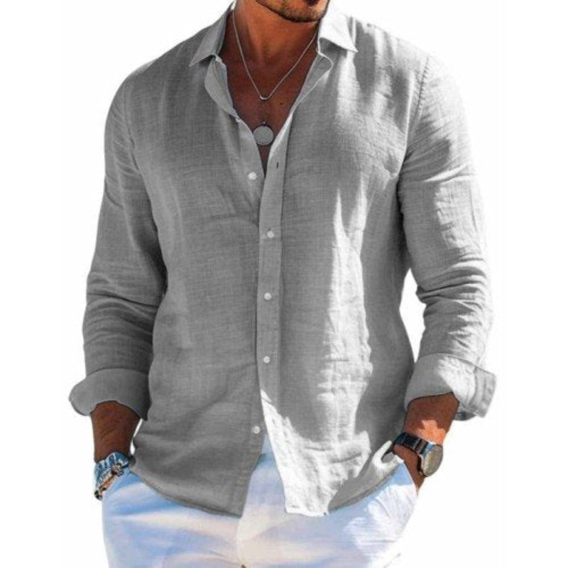 Men's Cotton and Linen Casual Solid Colour Lapel Shirt