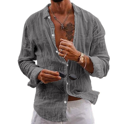 Men's Casual Solid Colour Lapel Cotton Linen Long-Sleeved Shirt