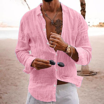 Men's Casual Solid Colour Lapel Cotton Linen Long-Sleeved Shirt
