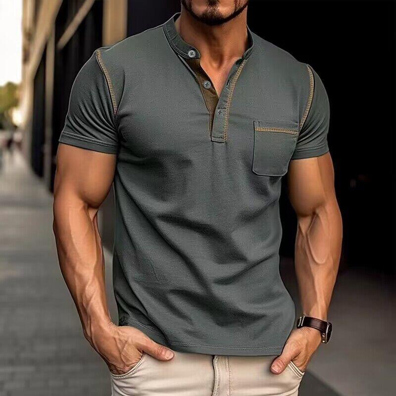 Men's Casual Colourblock Henley Collar Short Sleeve T-Shirt
