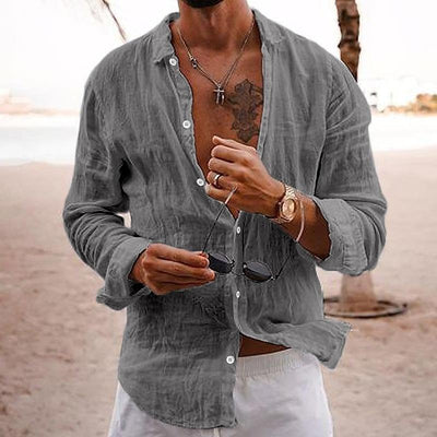 Men's Casual Solid Colour Lapel Cotton Linen Long-Sleeved Shirt