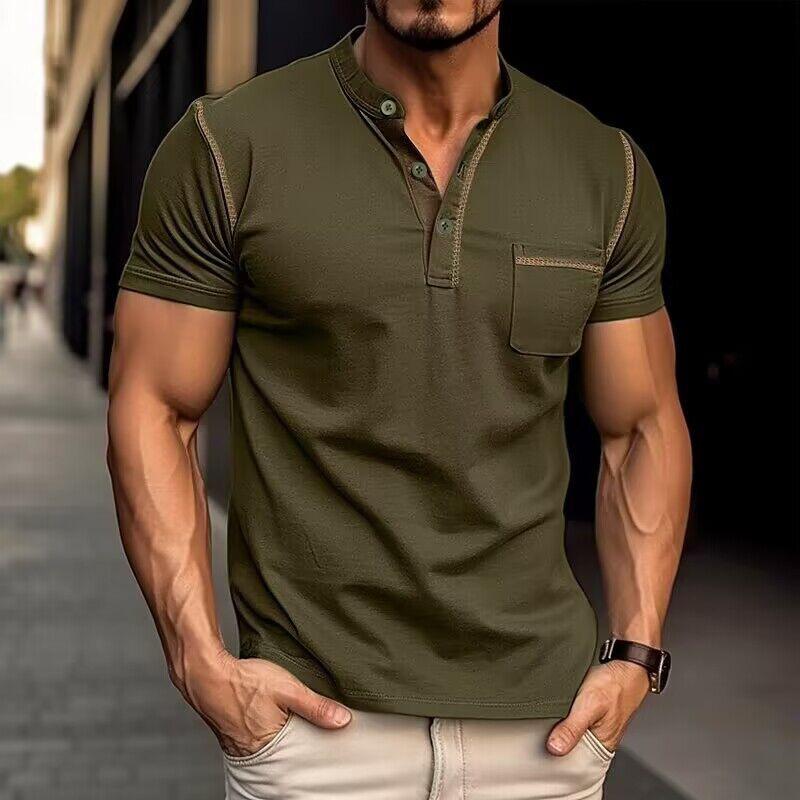 Men's Casual Colourblock Henley Collar Short Sleeve T-Shirt