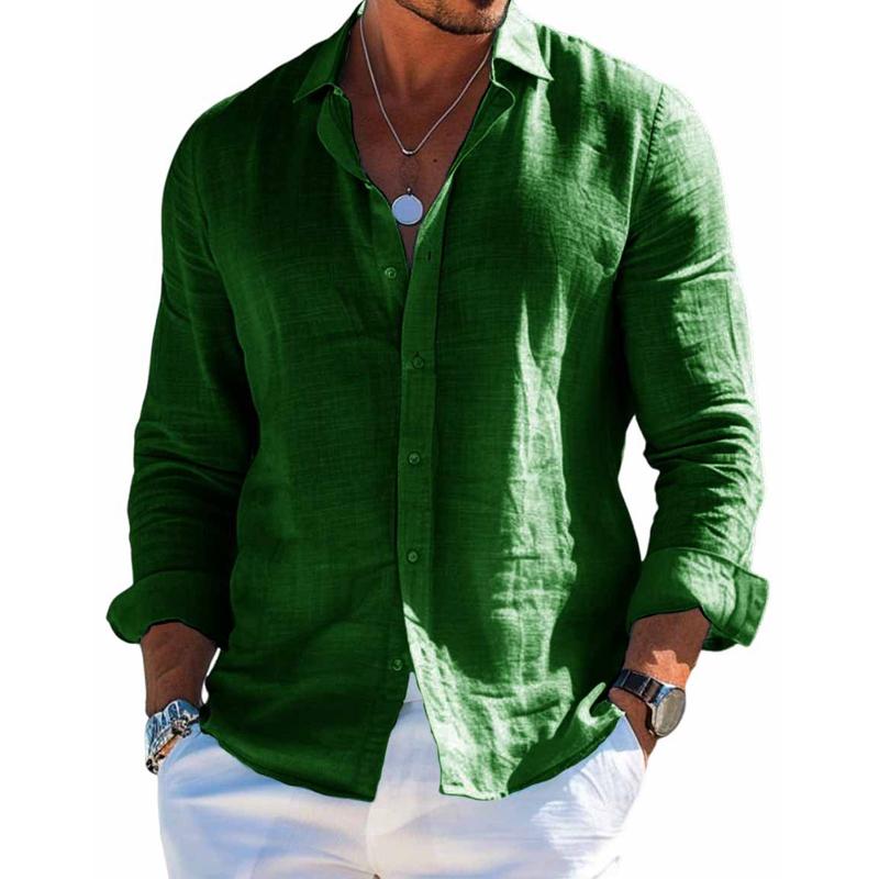 Men's Cotton and Linen Casual Solid Colour Lapel Shirt