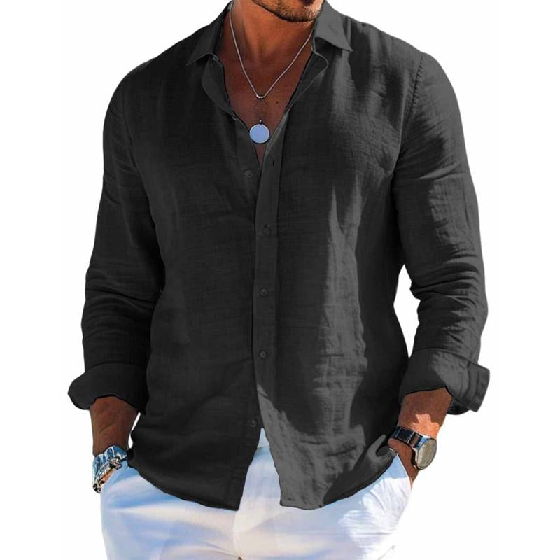 Men's Cotton and Linen Casual Solid Colour Lapel Shirt