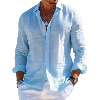 Men's Cotton and Linen Casual Solid Colour Lapel Shirt