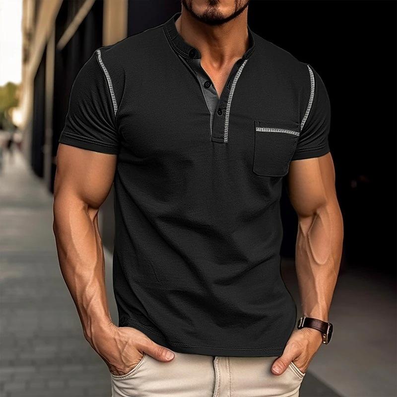 Men's Casual Colourblock Henley Collar Short Sleeve T-Shirt