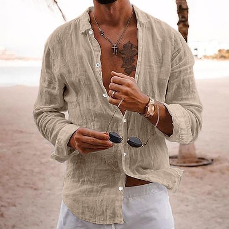 Men's Casual Solid Colour Lapel Cotton Linen Long-Sleeved Shirt